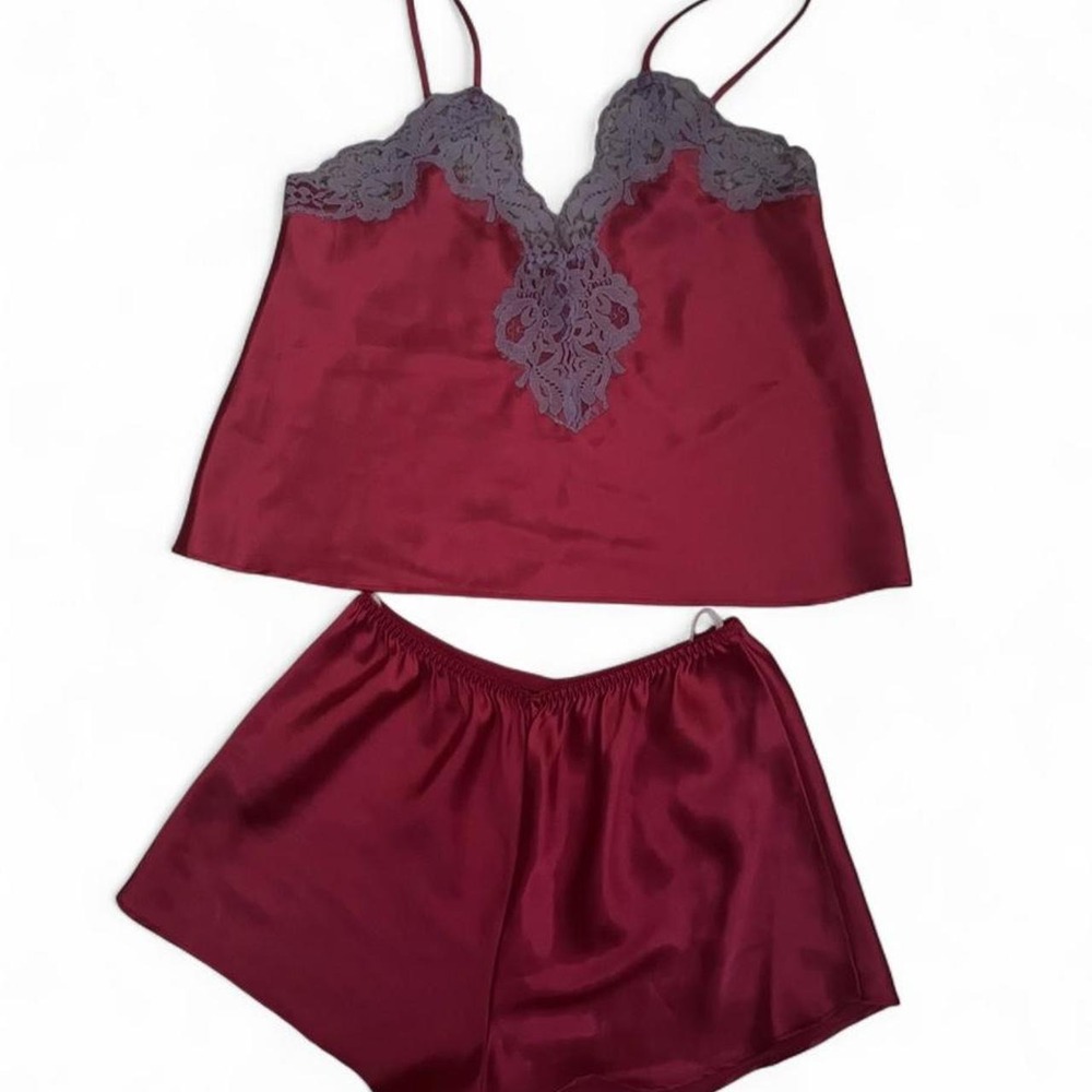 Y2K Dream Girl Pink satin pajama set with purple lace trim, size M